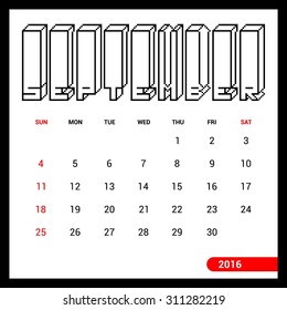 September Calendar 2016 Vector Design Template. Week Starts Sunday. vector illustration