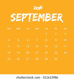 September Calendar 2016 Vector Design Template. Week Starts Sunday. vector illustration