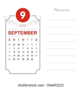 September Calendar 2016 Vector Design Template. Week Starts Sunday. Event Calendar. place for notes and special text. vector illustration