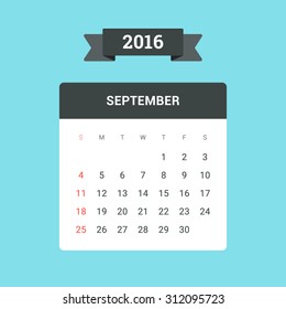 September Calendar 2016. Vector flat design template, ready to print