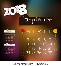 September: Calendar for 2018 year, editable template poster and calendar design, vector illustration