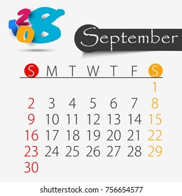 September: Calendar for 2018 year, editable template poster and calendar design, vector illustration...