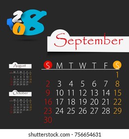 September: Calendar for 2018 year, editable template poster and calendar design, vector illustration...