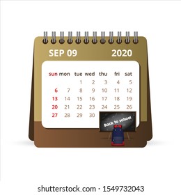September Calendar 2020 . One Month Calendar, Week Starts Sunday. Vector illustration template