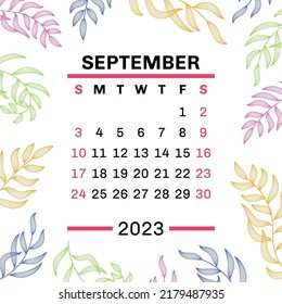 Septiembre. Calendario 2023. Hojas. Hoja vectorial. Dibujaron a mano elementos repetitivos. Diseño de moda impreso. Fondo natural