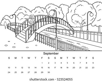 September calendar with coloring book image. Black and white drawing. Cartoon hand drawn vector illustration