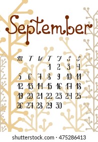 September calendar with cute light background hand-written calligraphy and decoration
