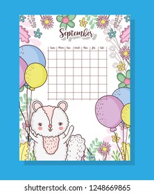September Calendar Cute Squirrel Animal Stock Vector (Royalty Free