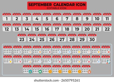 September calendar dates icon set with various symbol vector illustrations design