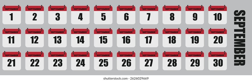 September Calendar Days Full Month Set, Dates 1st to 30th Vector Illustration