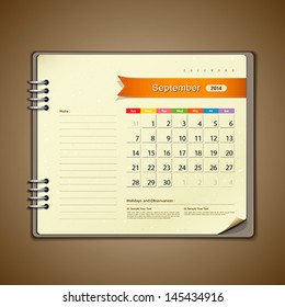 September Calendar diary note paper, vector illustration