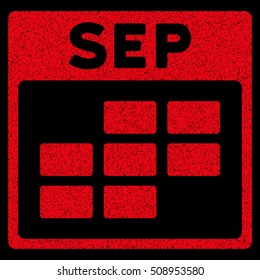 September Calendar Grid grainy textured icon for overlay watermark stamps. Flat symbol with scratched texture. Dotted vector red ink rubber seal stamp with grunge design on a black background.