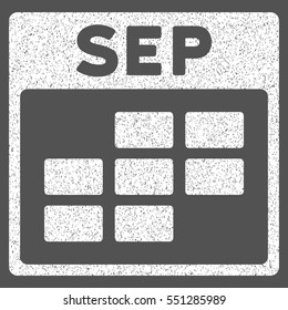 September Calendar Grid grainy textured icon for overlay watermark stamps. Flat symbol with unclean texture. Dotted vector white ink rubber seal stamp with grunge design on a gray background.