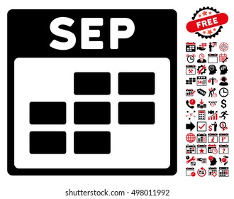 September Calendar Grid icon with bonus calendar and time management images. Vector illustration style is flat iconic symbols, intensive red and black, white background.
