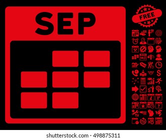 September Calendar Grid icon with bonus calendar and time management graphic icons. Vector illustration style is flat iconic symbols, red, black background.