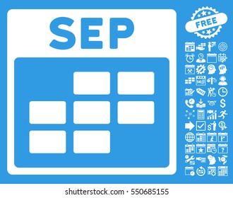 September Calendar Grid pictograph with bonus calendar and time management pictograms. Vector illustration style is flat iconic symbols, white, blue background.