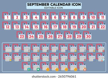 September calendar icon collection with editable icons, organized date schedule for monthly event