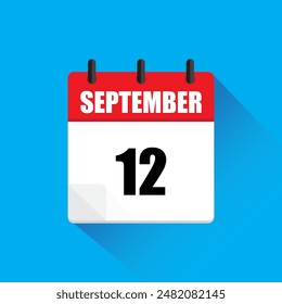 September calendar icon. Date number twelve. Red and white design. Blue background shadow.