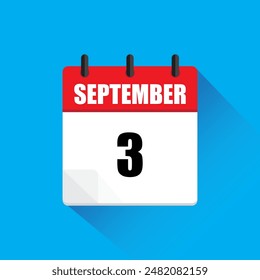 September-Kalendersymbol. Datum Nummer drei. Rot-Weiß-Design. Blauer Hintergrundschatten.
