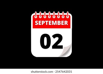  Diseño web mensual de la página de texto del icono del calendario de septiembre en el Vector, el icono o la ilustración del fondo rojo, blanco y negro con el mes del 2 de septiembre