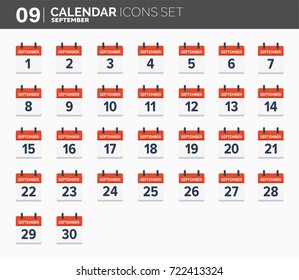 September. Calendar icons set. Date and time. 2018 year.