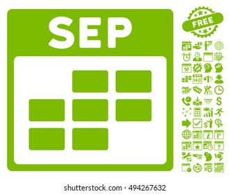 September Calendar Page icon with bonus calendar and time management pictures. Vector illustration style is flat iconic symbols, eco green color, white background.