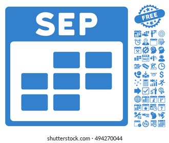 September Calendar Page pictograph with bonus calendar and time management symbols. Vector illustration style is flat iconic symbols, cobalt color, white background.