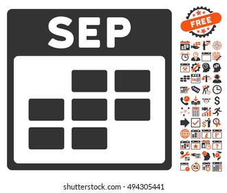 September Calendar Page pictograph with bonus calendar and time management images. Vector illustration style is flat iconic bicolor symbols, orange and gray colors, white background.