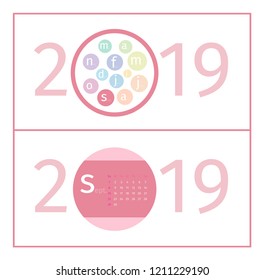 September Calendar Page Template 2019.  Design of months in form of circles in the middle of number 2019. Name of month is abbreviated with  increased first letter. EPS 10 Vector.