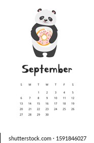 Calendario de septiembre con plantilla de panda. Oso asiático dulce con un delicioso donut. Divertido personaje de caricatura de postre chino. Diseño de páginas para planificadores infantiles con una mascota adorable 