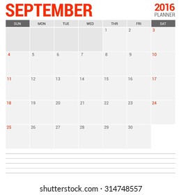 September Calendar Planner 2016 Vector Design Template. Week Starts Sunday. vector illustration