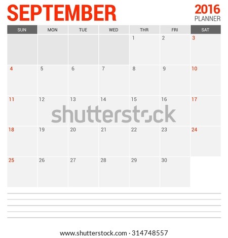 September Calendar Planner 2016 Vector Design Template. Week Starts Sunday. vector illustration