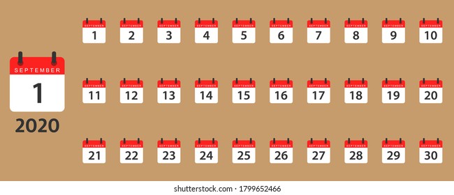 September calendar planner. Isolated month organizer in red and white. Days of month from 1 to 30. Reminder for september. Diary set in flat design. Week and month calendar. EPS 10