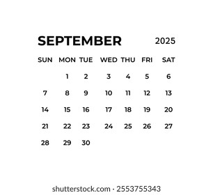 September calendar template for 2025 year. Wall calendar in a minimalist style.