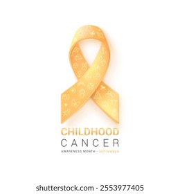 September is childhood cancer awareness month. Vector poster with 3D model of gold ribbon with toy pictures