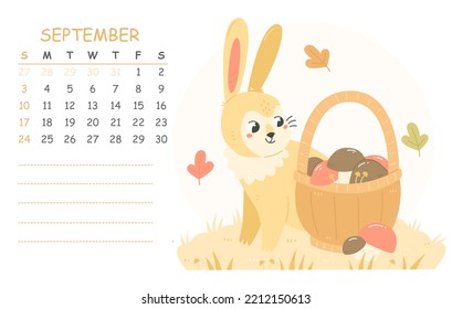 September children's calendar for 2023 with an illustration of a cute rabbit with a basket of mushrooms. 2023 is the year of the rabbit. Vector autumn illustration calendar page.