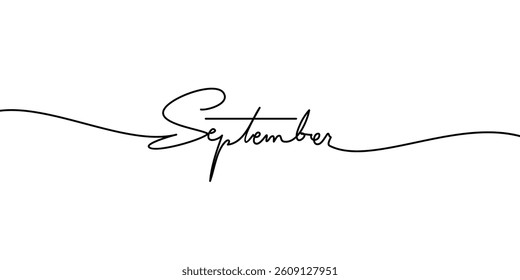September continuous line word. Month of the year. minimal word handwritten inscription. simple Hand drawn lettering. Calligraphy. One line drawing of word. Vector illustration