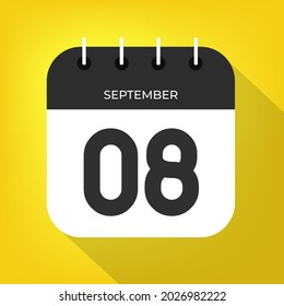 Día 8 de septiembre. Número ocho en un papel blanco con borde de color negro sobre un vector de fondo amarillo.