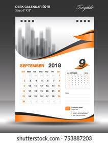 September Desk Calendar 2018 Template design flyer vector, business brochure layout, Size 6x8 inch vertical