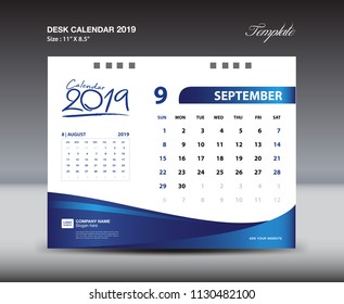 SEPTEMBER Desk Calendar 2019 Template, Week starts Sunday, Stationery design, flyer design vector, printing media creative idea design, blue background