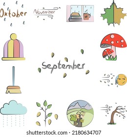 September Fall colored hand drawn icon in a collection with other items