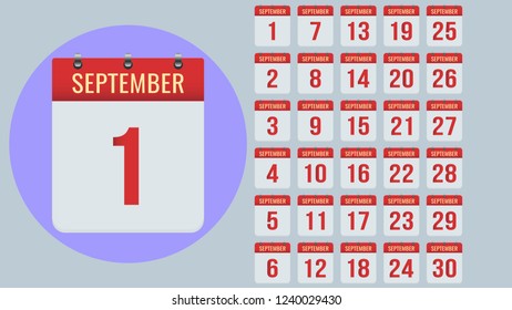 September. Flat daily calendar icon set isolated on gray background. Date and time, day, month 2019 2020. Holiday. Season. Vector illustration.