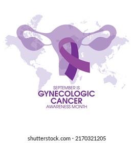 Septiembre es el vector del Mes de Concienciación sobre el Cáncer Ginecológico. Cinta de conciencia púrpura, ovarios y vector de icono de silueta de mapa mundial. Símbolo del sistema reproductivo femenino. Día importante