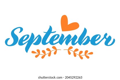 september- Hand drawn lettering month name. Hand written month september for calendar, monthly logo, bullet journal or monthly organizer. Vector illustration isolated on whit