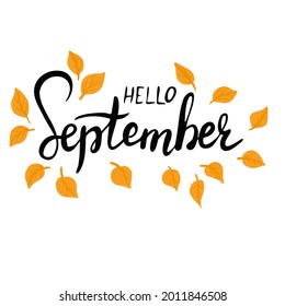 September hand lettering text with autumn leaves. Brush lettering. Vector handwritten lettering