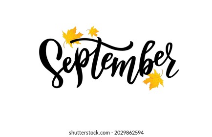 September hand lettering text with maple autumn leaves. Vector illustration.