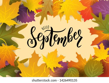 September hand lettering text. Vector illustration as poster, postcard, greeting card, invitation template. Concept September advertising