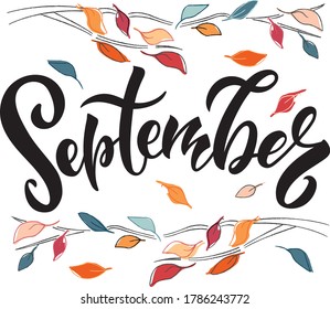 September handwritten text isolated on white background. Colorful vector illustration. Modern brush ink calligraphy and autumn leaves. Hand lettering for postcard, logo, poster, print. 