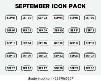 September icons pack. Calendar vector icons. Set of September month date symbols in line style.