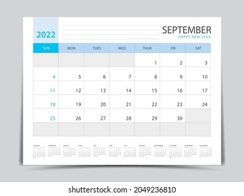 September layout design, calendar 2022 year template, Planner simple, Desk calendar 2022 design, Week Starts on Sunday, Wall calendar design, printing media, advertisement, office organizer, vector
